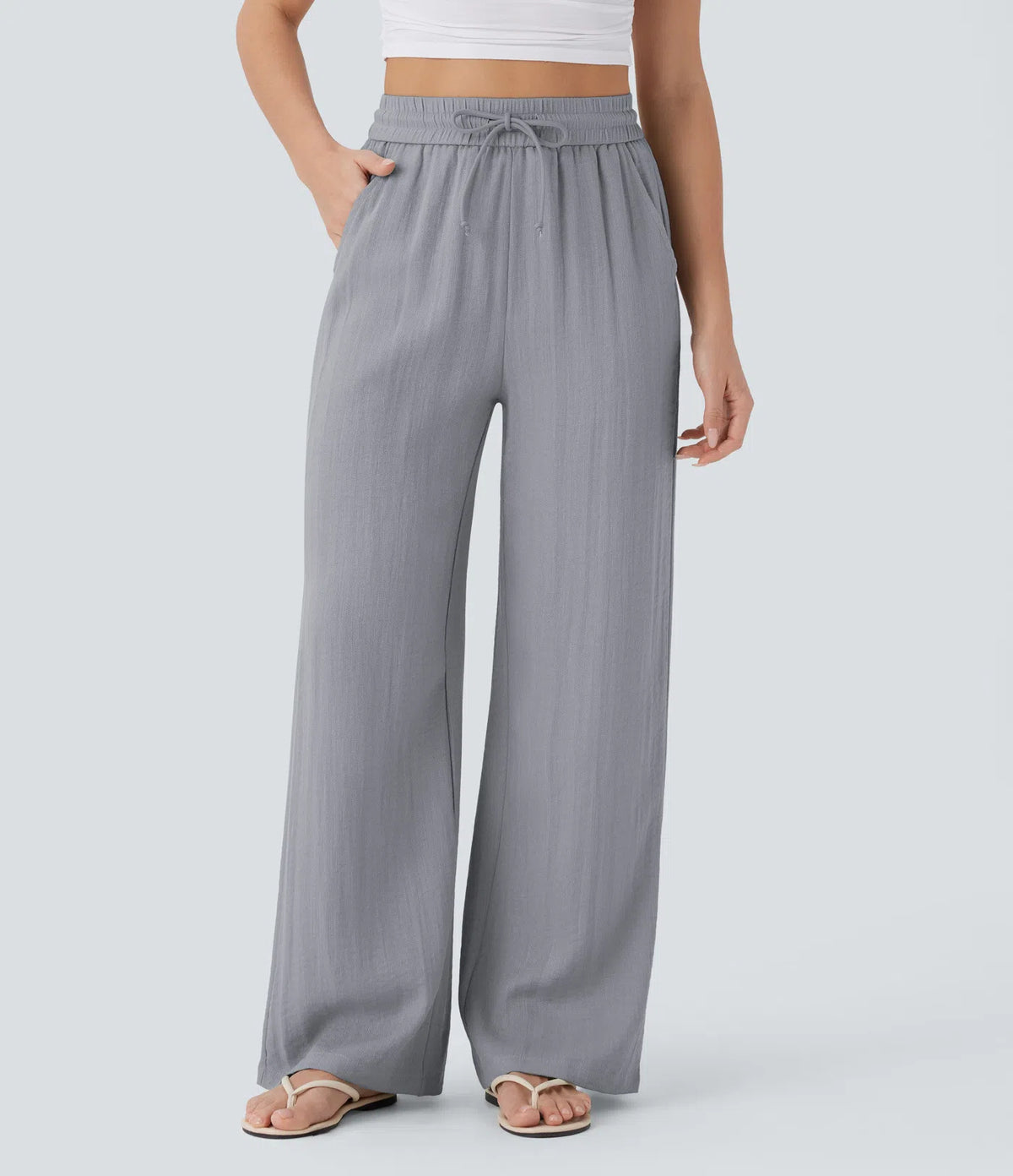 High-waisted drawstring side pocket wide-leg casual linen pants